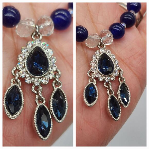 Monet Fiery Sapphire Blue Rhinestone Glass Bead Clear AB Chez Bead Necklace Set - Picture 10 of 11